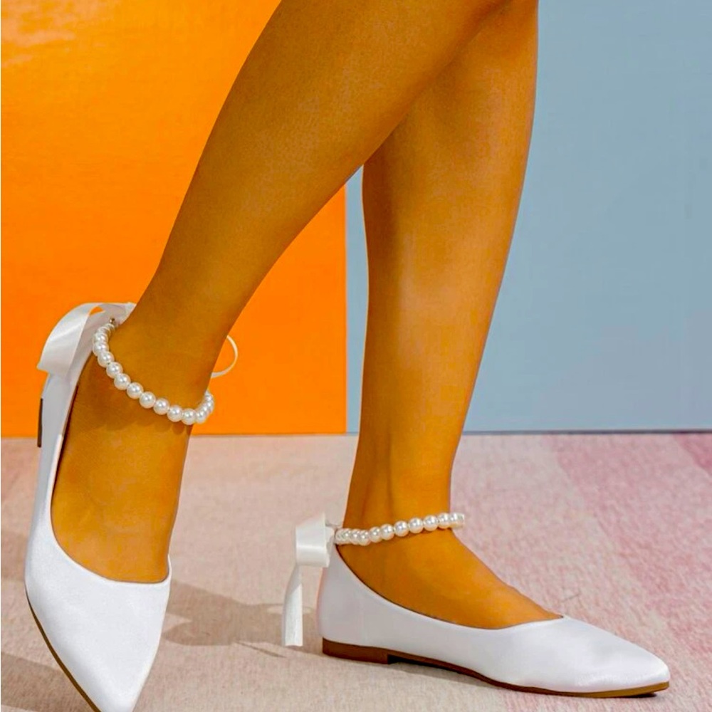 Women Faux Pearl Decor Tie Back Flats, Glamorous White Satin Ankle Strap Flats